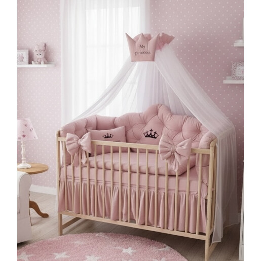 Pat + saltea + Lenjerie de pat Minunea mea, cu apărători matlasate + lenjerie cu fundițe+ baldachin cu suport și inimioara Roz pudra