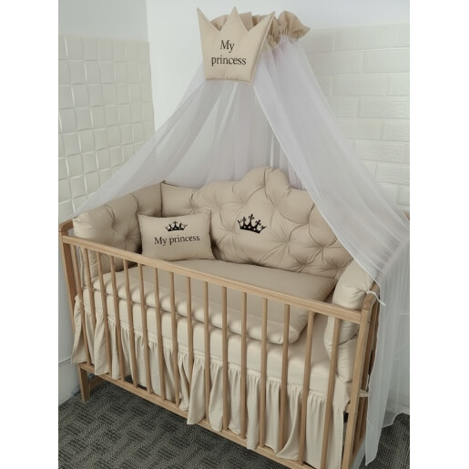 Pat + saltea + Lenjerie de pat Minunea mea, cu apărători matlasate+ lenjerie cu fundițe+ baldachin cu suport și inimioara Bej