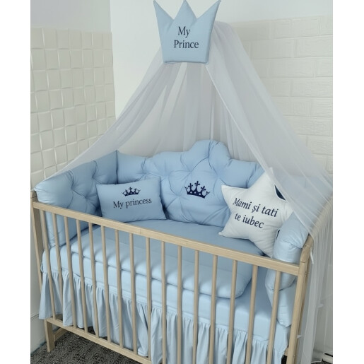 Pat + saltea + Lenjerie de pat Minunea mea, cu apărători matlasate+ lenjerie cu fundițe+ baldachin cu suport și inimioara Baby blue