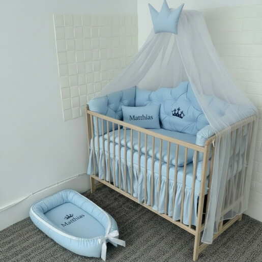 Lenjerie pătuț bebeluși cu apărători matlasate, cearșaf, păturică și pernuta Minunea mea Baby blue