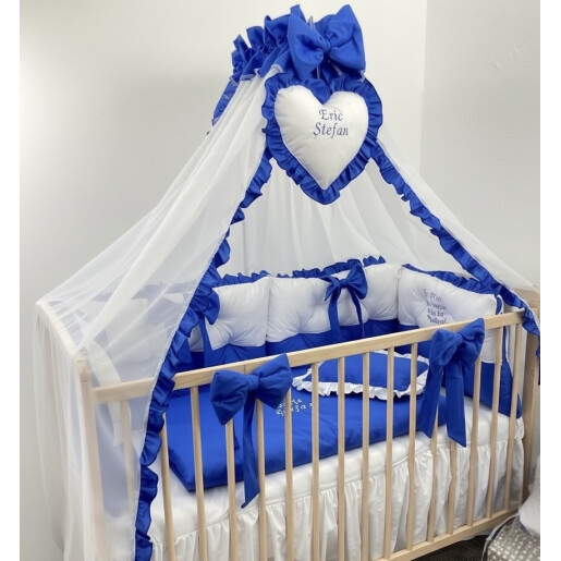 Pat + saltea + Lenjerie de pat cu 4 apărători matlasate Bicolore + lenjerie cu fundițe+ baldachin cu suport și inimioara Albastru royal - alb