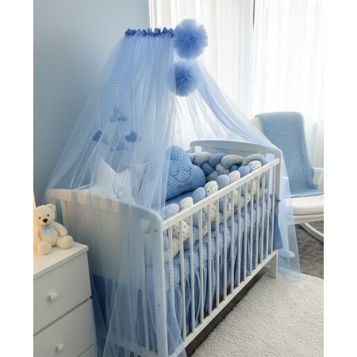 Pat + Saltea + Lenjerie de pat cu apărătoare împletită în 4 și 2 perne decorative + baldachin tulle colorat și suport, Deseda Mix stelute bleo