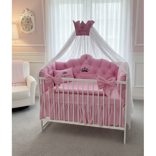 Lenjerie pătuț bebeluși cu apărători matlasate, cearșaf, păturică și pernuta Minunea mea Roz 