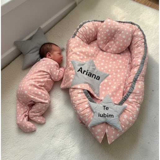 Set 3 piese Babynest personalizat cu desfacere, pt  bebelusi + paturica + pernuta formare cap, Stelute pe roz somon  Deseda