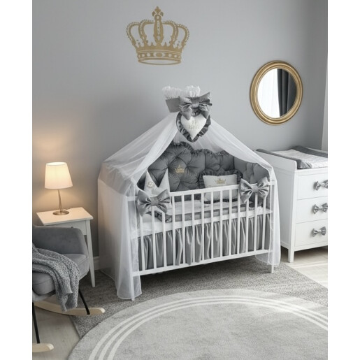 Pătuț bebe + saltea + Lenjerie pătuț bebeluși din Catifea Gri cu apărători matlasate, cearșaf, păturică, pernuta din catifea + baldachin PREMIUM
