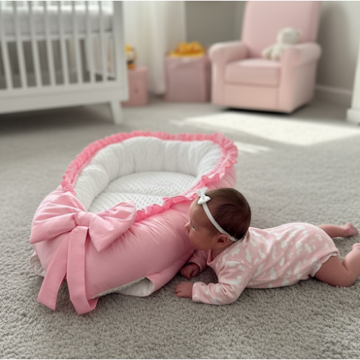 Cuib baby nest bebelusi cu desfacere  si volanase Roz baby - Mincky alb