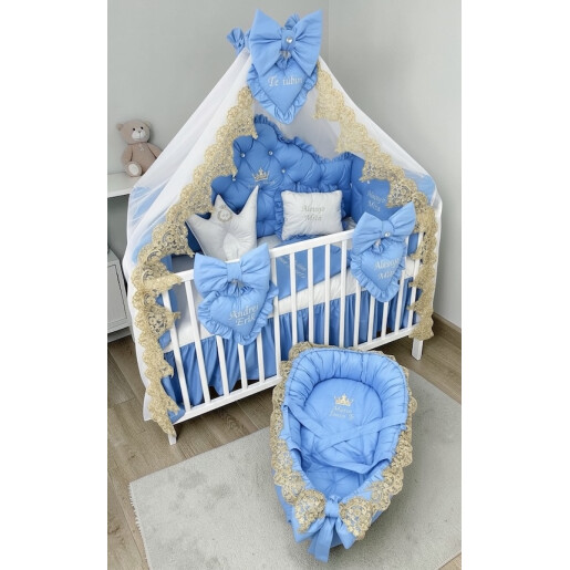 Lenjerie de patut bebelusi Prince baby blue cu pat si saltea si baby nest cuib personalizata baby blue