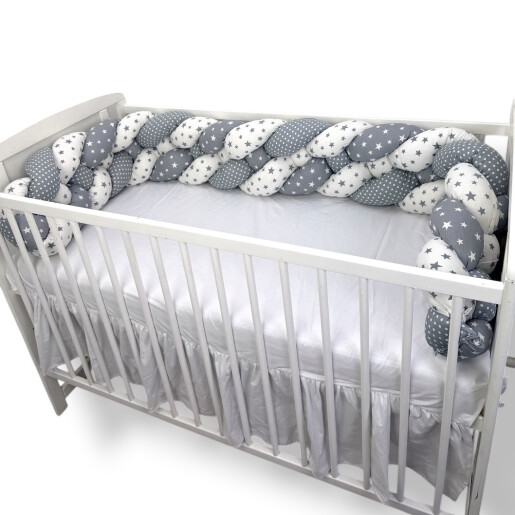 OTL Apărătoare laterala pătuț bebe bumper împletită în 4 din bumbac, 240 cm Deseda Mix Stelute gri