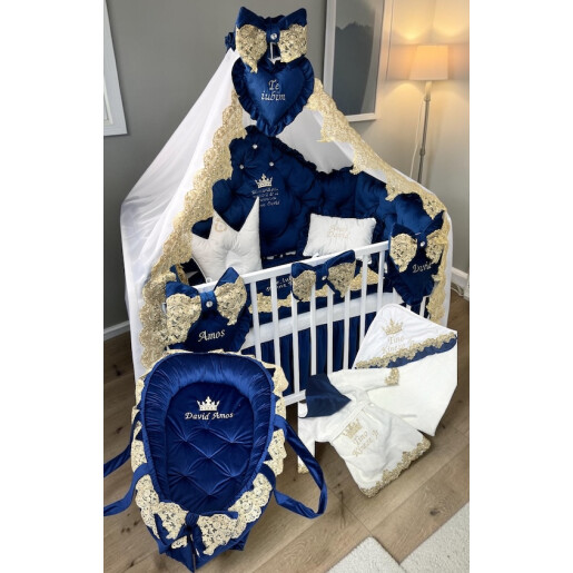 Pat + saltea + Lenjerie de pat din Catifea Albastru Royal cu apărători matlasate Price  + baldachin cu dantela și suport + cuib cu desfacere asortat + set de baie