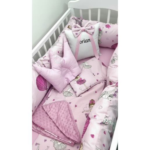 Lenjerie cu 6 bucati Perne Lungi protectii laterale patut 120x60 cm, cearșaf, păturică și pernuta Deseda Balerine