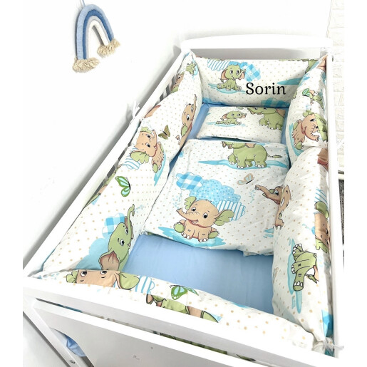 Pat + Saltea + Lenjerie cu 6 bucati Perne Lungi protectii laterale patut, cearșaf, păturică și pernuta Deseda Animale