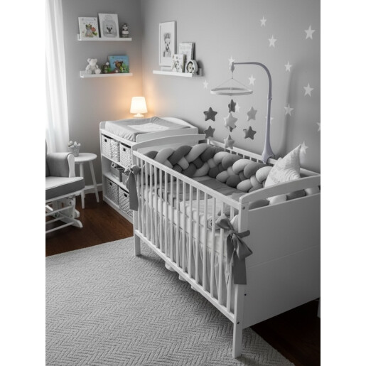 Patut + saltea + Lenjerie de pat cu apărătoare împletită în 4 Gri pal- alb + pernuțe personalizate Deseda