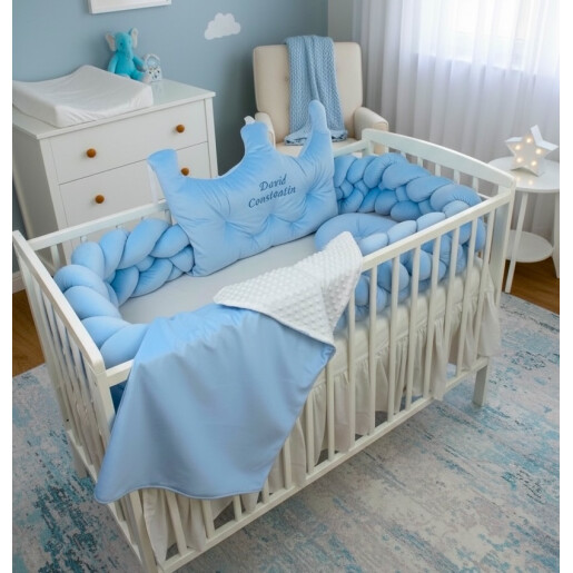 Pat + saltea + Lenjerie de pat cu Coroniță catifea + apărătoare din catifea împletită in 4, Velvet Baby blue