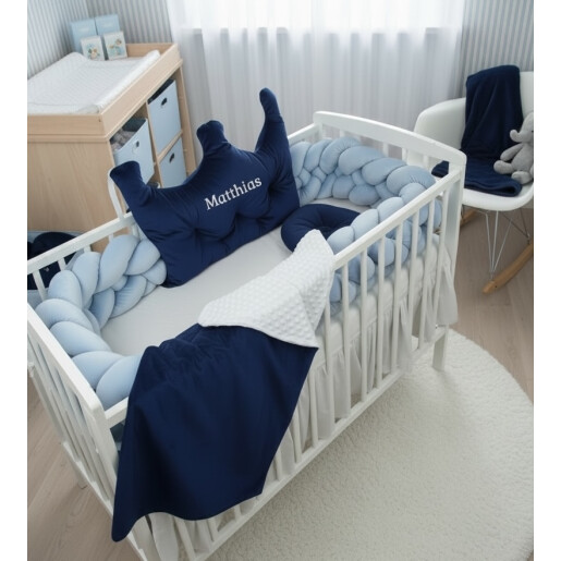 Pat + saltea + Lenjerie de pat cu Coroniță catifea + apărătoare din catifea împletită in 4, Velvet Baby blue