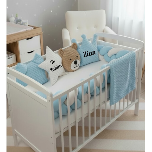 Lenjerie cu apărătoare împletită în 3, 240 cm, 4 perne deco Jucariile mele Deseda Baby blue