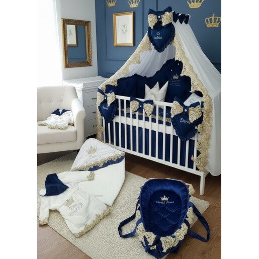 Pat + saltea + Lenjerie de pat din Catifea Albastru Royal cu apărători matlasate Price  + baldachin cu dantela și suport + cuib cu desfacere asortat + set de baie
