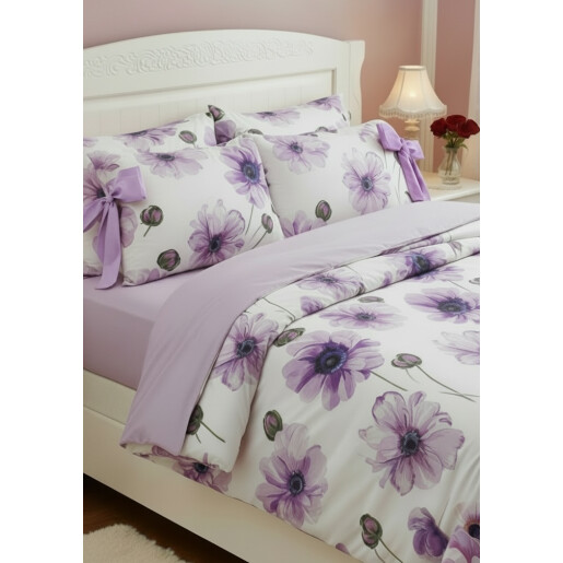 Lenjerie de pat 2 persoane Flori lila cu Funda Uni Lila by Deseda