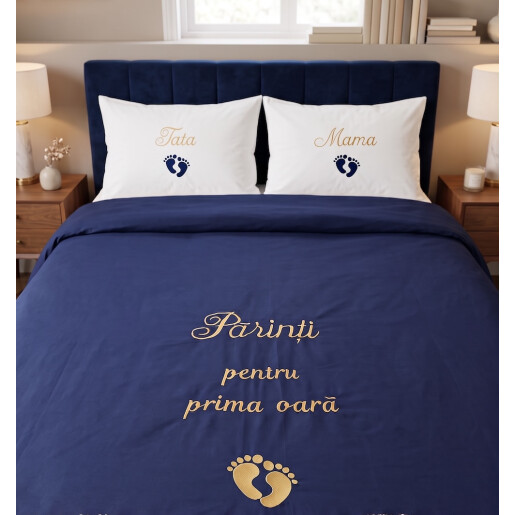 Lenjerie de pat Personalizata Cadou cuplu, 2 persoane LUX by Deseda Parinti pentru prima oara