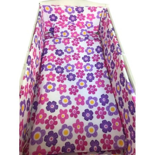 Lenjerie de patut bebelusi 5 piese cu aparatori laterale pufoase CN Floricele