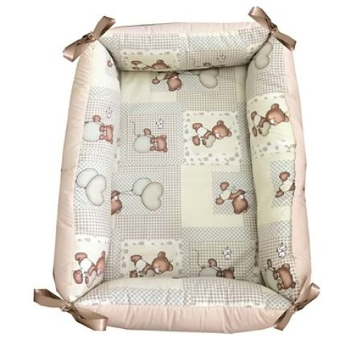 Reductor Personalizat Bebe Bed Nest cu paturica si pernuta antiplagiocefalie Deseda Ursi in carouri bej