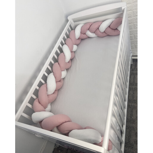 Apărătoare laterala pat bumper împletită 240 cm, 2 în 1, Deseda Roz pudra - alb