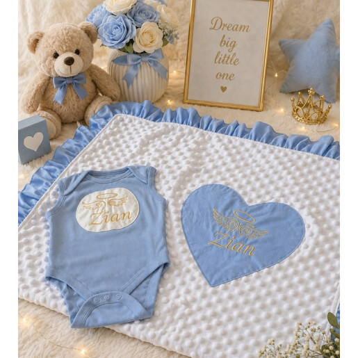 Set cadou babyshower sau botez bebelusi cu body bebe maieu, Deseda Aripi de ingeras