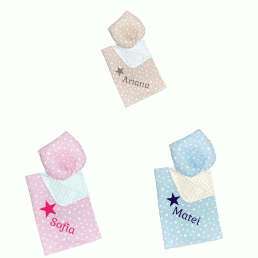 Set 2 piese Paturica dubla de iarna 90x70 cm cu perna formare cap Deseda Minky colorat - Steluțe