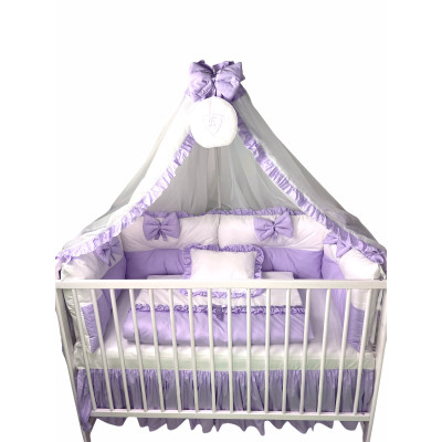 Lenjeria de pat bebeluși cu 4 apărători Super groase în 2 culori și baldachin cu Volanase și suport Deseda Lila- alb