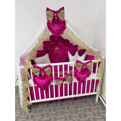 Pat + Saltea + Lenjerie pătuț bebeluși Prince din Catifea cu apărători matlasate, cearșaf, cuvertură pat și pernuta și baldachin cu suport 