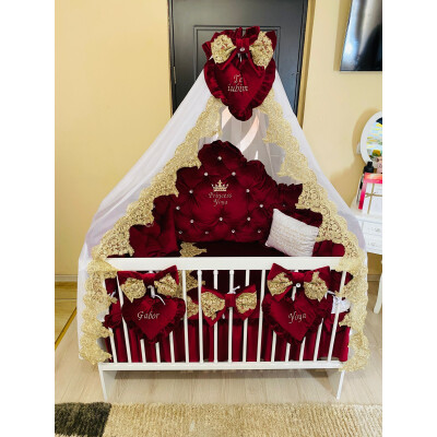 Pat + Saltea + Lenjerie pătuț bebeluși Prince din Catifea cu apărători matlasate, cearșaf, cuvertură pat și pernuta și baldachin cu suport 