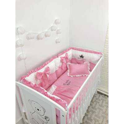 Lenjerie de pat cu 6 apărători matlasate Bicolore și fundițe Roz