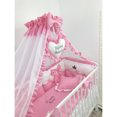 Lenjerie de pat cu 6 apărători matlasate Bicolore și fundițe Roz