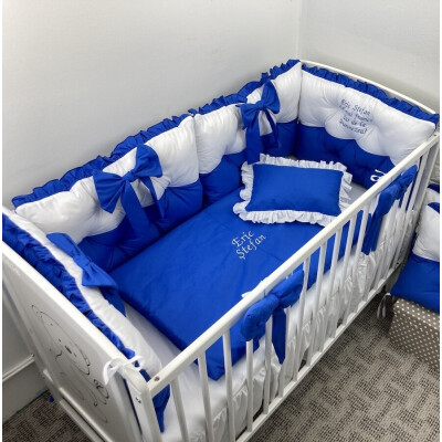 Lenjerie de pat cu 3 apărători matlasate Bicolore și fundițe Albastru royal- alb