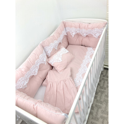 Lenjerie LUX by Deseda cu 4 aparatori Super Groase, pilota pernuta și cearșaf cu volan Roz pudra - alb pat 120x60 cm