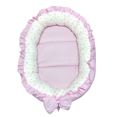 Cuib baby nest bebelusi cu volanase Roz Pal - stelute roz pe alb LUX by Deseda