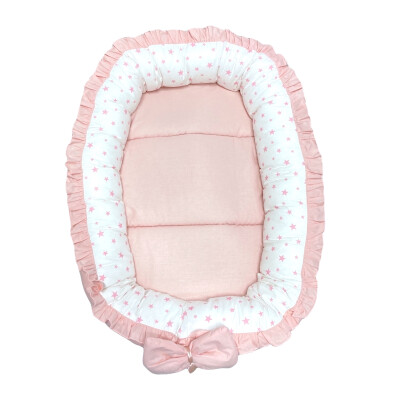 Cuib baby nest bebelusi cu volanase Roz Pudra - stelute roz pe alb LUX by Deseda