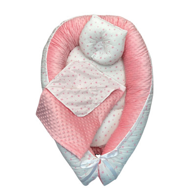 Cuib baby nest bebelusi cu desfacere, salteluta detașabilă Minky roz - Steluțe roz pe alb