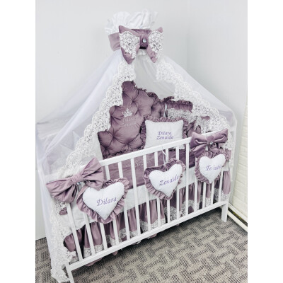Lenjerie pătuț bebeluși din Catifea Lila pudrat cu apărători matlasate, cearșaf, cuvertură pat și pernuta