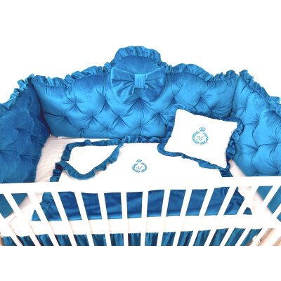 Lenjerie pătuț bebeluși din Catifea Albastru Turquise cu apărători matlasate, cearșaf, păturică și pernuta din catifea 