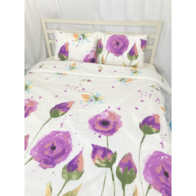 Lenjerie de pat din bumbac satinat, pt 2 persoane Flori pictate violet