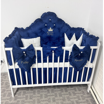 Lenjerie pătuț bebeluși din Catifea Bleumarin Prince cu apărători matlasate, cearșaf, păturică și pernuta din catifea 
