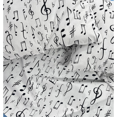 Lenjerie de pat din bumbac satinat, pt 2 persoane Deseda Note muzicale pe alb