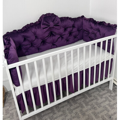 OTL Apărători matlasate pătuț bebeluși, din Catifea Mov + cearșaf cu Volanas pat 120x60 cm 