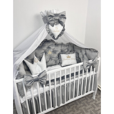 Pătuț bebe + saltea + Lenjerie pătuț bebeluși din Catifea Gri cu apărători matlasate, cearșaf, păturică, pernuta din catifea + baldachin PREMIUM