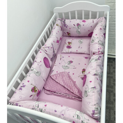 Pat + Saltea + Lenjerie cu 6 bucati Perne Lungi protectii laterale patut, cearșaf, păturică și pernuta Deseda Balerine