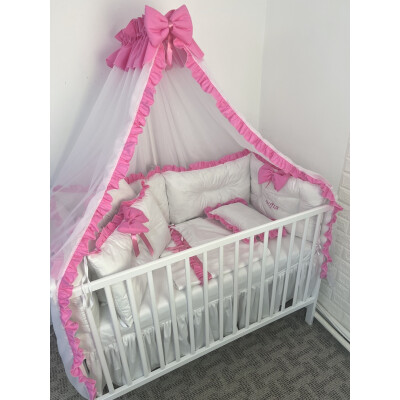 Pat + saltea + Lenjerie de pat cu 6 bucati aparatori protectii laterale patut Deseda Albe cu volanas colorat + baldachin cu suport asortat 