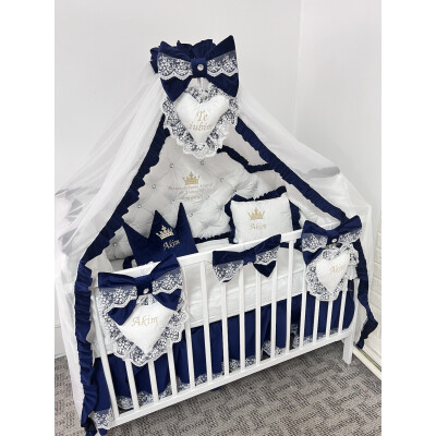 Pat + Saltea + Lenjerie pătuț bebeluși Prince din Catifea cu apărători matlasate, cearșaf, cuvertură pat și pernuta și baldachin cu suport 