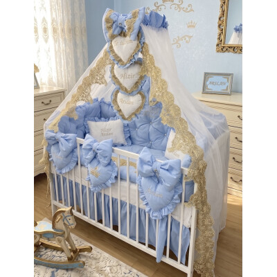 Pat + saltea + Lenjerie de pat cu apărători matlasate Princess baby blue+ baldachin cu dantela și suport