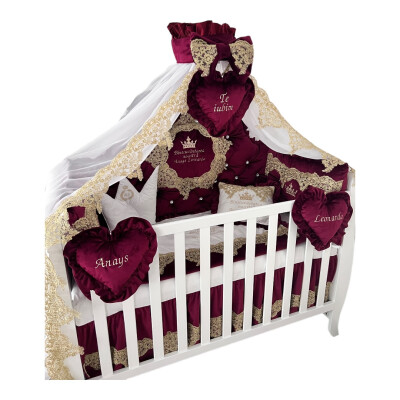 Lenjerie pătuț bebeluși Regal din Catifea Vișiniu cu apărători matlasate, cearșaf, păturică și pernuta