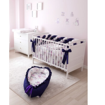 OTL Lenjerie cu apărătoare împletită în 4, 240 cm + cuib + cearșaf + plăpumioară + pernuta slim Deseda Violet inchis - flori 